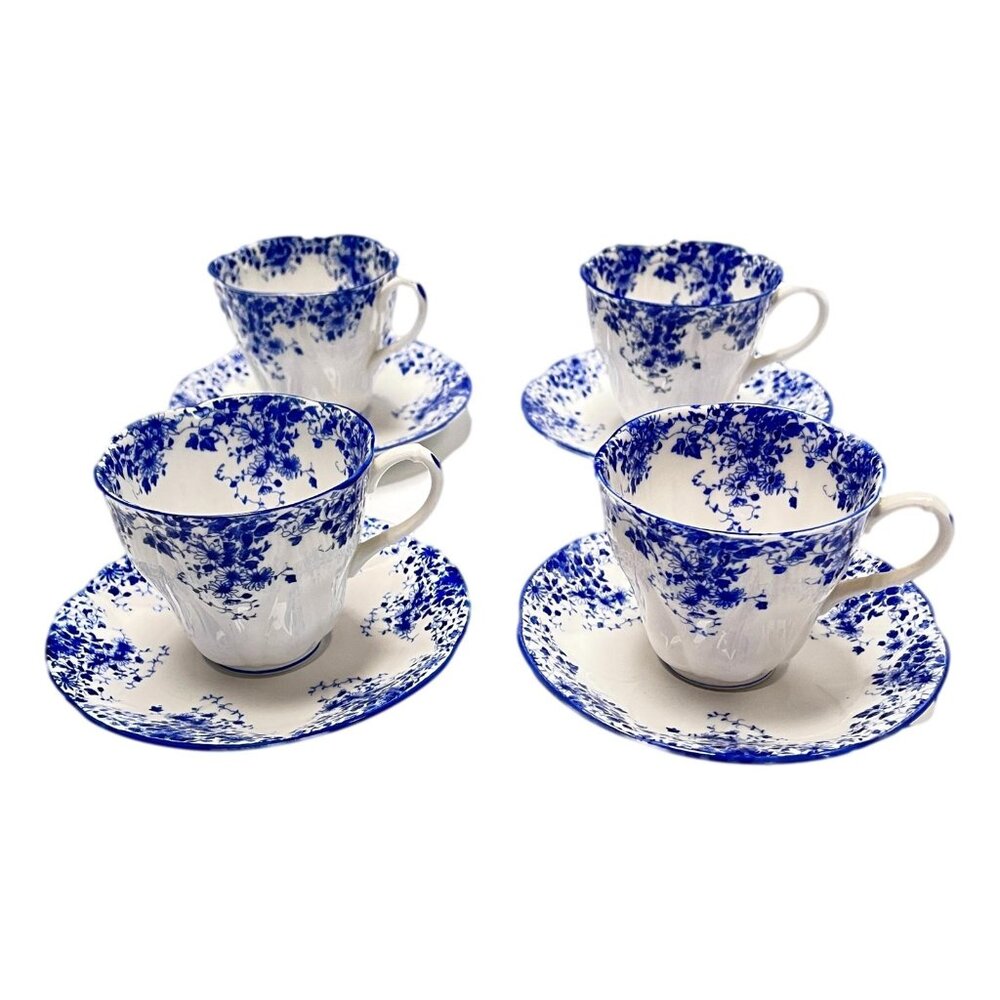 Royal Albert Dainty Blue Tea‎ Cups Lot 4 Cups Saucers Fluted Scalloped UK